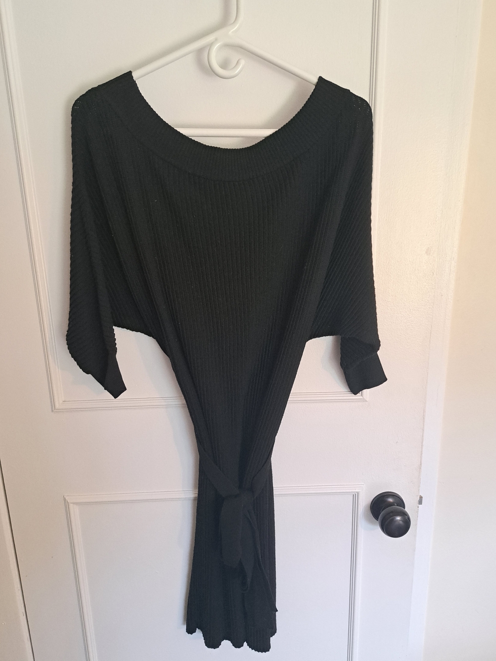 Dynamite Black Off-the-Shoulder Ribbed Tie-Waist Sweater